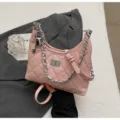 Pink quilted shoulder bag with silver chain strap, stylish minimalist hobo bag for women. - With Pendant / Pink