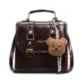 Zaino piccolo marrone scuro donna stile college borsa a tracolla in pelle PU con ciondolo orsetto - Con Ciondolo / Caffè