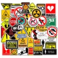 Waterproof vinyl warning sign stickers pack for luggage laptop water bottle DIY decals. - 50 Sheets/Pack