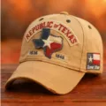 Gorra de béisbol vintage lavada con diseño de bordado de Texas, sombrero casual para sol. - Ajustable / Parche de Bandera de Estado Caqui