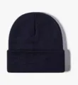 Close-up detail of dark blue ribbed knit fabric, soft warm wool winter beanie texture. - Navy Blue