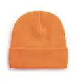 Close-up detail of the vibrant orange cuffed knit beanie, showing soft texture and fine stitches. - Orange