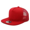 Detail view of red trucker snapback hat featuring breathable mesh back and flat brim. - Red