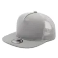 Grey 5-panel flat brim trucker hat detail showing breathable mesh back and solid front. - Gray