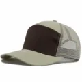 Khaki and brown mesh trucker cap detail, showing the breathable mesh back and solid front. - Adjustable / Khaki & Coffee