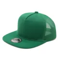 Close-up detail of green snapback trucker hat, flat brim and breathable mesh back. - Green