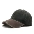 Vintage washed baseball cap with contrast brim, casual distressed style for daily wear. - Adjustable / Dark Green and Coffee