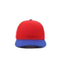 Detail shot of the red and blue colorblocked six panel baseball cap, classic casual outdoor style. - Red with Blue Rim