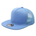 Light blue 5-panel flat brim trucker hat with breathable mesh back for casual stylish wear. - Sky Blue