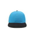 Blue and black baseball cap detail view, showing the two-tone panel design and fabric texture. - Lake Blue with Black Rim