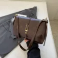 Sac à bandoulière en cuir marron rétro pour femme, sac porté épaule élégant et simple. - Café
