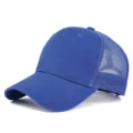 Classic blue trucker hat with breathable mesh back, perfect for custom logos and daily wear. - Adjustable / Blue