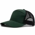 Dark green trucker baseball cap with breathable mesh back, comfortable flat top design. - Adjustable / Dark Green