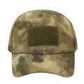 Detailed view of camouflage tactical baseball cap with front patch panel for outdoor use. - Adjustable / Green Ruins