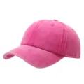 Detailed view of the pink washed distressed baseball cap, soft top duck tongue design. - Adjustable / Rose Red