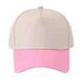 Close-up of a stylish two-tone five-panel baseball cap with beige body and pink brim. - Pink
