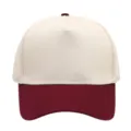 Primer plano de una gorra de béisbol bicolor de 5 paneles, corona beige, visera burdeos. - Burdeos