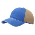 Detailed look at the breathable brown mesh back and washed blue cotton front panel of the cap. - Adjustable / Blue and Coffee Mix