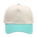 Close-up view of the color-block 5-panel baseball cap with teal brim and beige crown. - Cyan