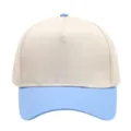 Close-up detail of the two-tone 5-panel baseball cap in beige and light blue color block. - Sky Blue