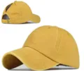 Vista detallada de una gorra de béisbol vintage lavada de cola de caballo amarilla. - Ajustable / Amarillo
