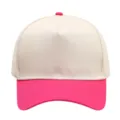 Detailed close-up view of the beige and pink color-blocked cotton five-panel baseball cap. - Rose Red