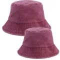 Detailed view of washed cotton denim bucket hats in parent-child size, soft and breathable. - Adjustable / Burgundy