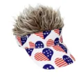 Detailed view of the novelty visor hat with funny fake spiky hair and US flag heart print. - Style 6