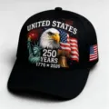 Gorra de béisbol negra con bordado 250 aniversario EE.UU., diseño de águila patriótica. - Ajustable / A Negro