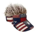 Close-up detail of the funny wig sun visor hat featuring US flag denim print pattern. - Style 9