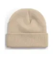 Close-up detail of a solid color knitted beanie hat, comfortable rolled cuff, cozy winter wear. - Beige