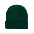 Close-up detail shot of a dark green knitted beanie, showing fine ribbed texture and cozy cuff. - Dark Green