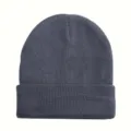 Close-up of dark grey knitted beanie, showing soft wool texture and rolled edge detail. - Dark Gray
