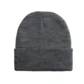 Dark grey knitted beanie close-up, plain roll-up winter warm wool hat detail display. - Dark Heather Gray