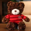 Brown plush teddy bear toy wearing a cute red and black striped sweater for kids. - Dark Brown Bear - Red Clothes / 40CM