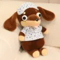 Mignon teckel peluche chiot oreiller doux animal en peluche enfants poupée de sommeil - Teckel marron clair yeux ronds (tenue myrtille)