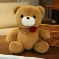 Lindo osito de peluche sentado con rosa roja, adorable muñeco de peluche regalo. - Oso color café con rosa