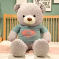 Large gray teddy bear plush toy with green sweater cute stuffed animal gift for kids and girls - Grey - Blue Clothes