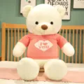 Large plush teddy bear toy with pink heart sweater, cute hugging stuffed animal for gift. - White - Pink Clothes