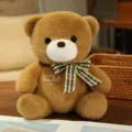 Cute brown teddy bear plush toy with plaid bow tie, soft stuffed doll gift for kids. - Coffee Bear with Plaid Bow Tie