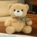 Cute sitting teddy bear plush toy with plaid bow, soft stuffed animal gift for kids and girls. - Camel Bear with Plaid Bow Tie