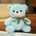 Cute blue plush teddy bear toy with plaid bow, soft stuffed animal doll gift for kids. - Sky Blue Bear with Plaid Bow Tie