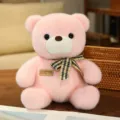 Pink sitting teddy bear plush toy with plaid bow tie, cute stuffed animal doll gift for kids. - Pink Bear with Plaid Bow Tie