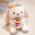 Cute white plush bunny toy holding crochet rose bouquet cute stuffed animal gift - 25cm / Rabbit Holding Red Roses