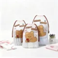 Frosted PE drawstring storage bags set, cute cartoon bear pattern for travel and home use. - Floral Bear / 28x40cm