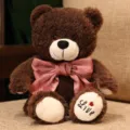 Dark brown plush teddy bear toy with pink bow, soft cute stuffed animal gift for kids. - Dark Brown Bear - Pink Bow / 40cm (0.3kg)
