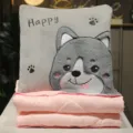 Grey cartoon puppy embroidered 2-in-1 pillow blanket, soft folding plush cushion for car office. - Husky Pendant