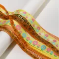 Detailed shot of colorful printed grosgrain ribbon with flower and spiderweb patterns. - Random Orange-Yellow Series Styles / 12 Pieces/Pack (Width 10-25mm / Length 90cm)