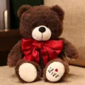 Brown teddy bear plush toy with big red bowknot, cute stuffed animal pillow gift for girls. - Dark Brown Bear - Red Bow / 40cm (0.3kg)