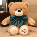 Cute brown teddy bear plush toy with deep green bow tie soft stuffed doll cuddle pillow gift. - Light Brown Bear - Royal Blue Bow / 40cm (0.3kg)